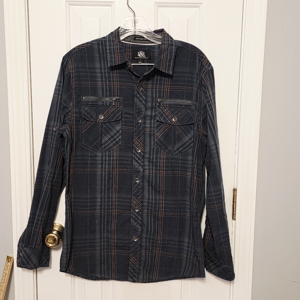 Rock & Republic Plaid Button Down Shirt - Dark Grey/Navy - Size S